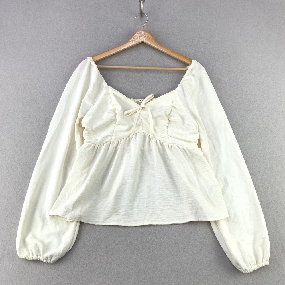 derek heart Peplum Blouse Women L Ivory Boho Smocked Puff Sleeve Peasant Cottage